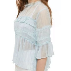 🦋 TOP SHOP GREEN SHEER GLITTER RUFFLE TOP SZ SM